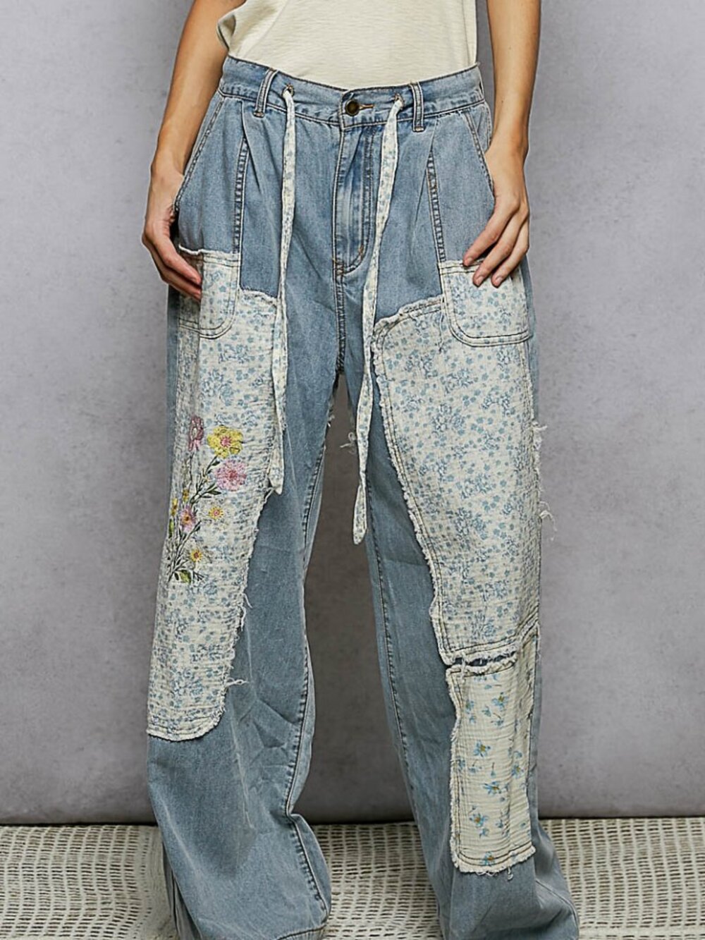 PATCHWORK AND FLOWER EMBROIDERED DENIM